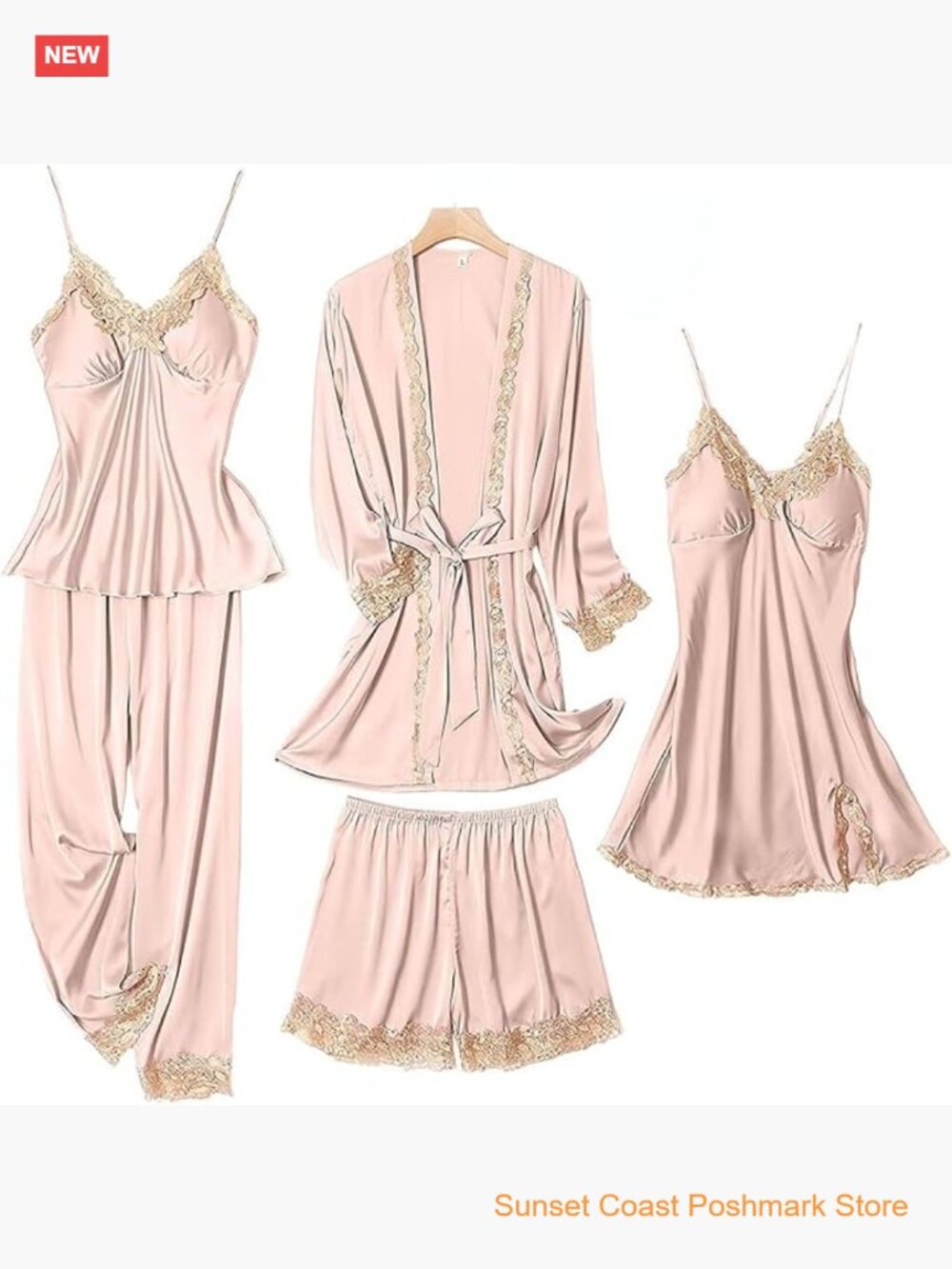 5 Piece Satin Pajama Set Silky Loungewear Sleepwear with Lace Chemise and Robe